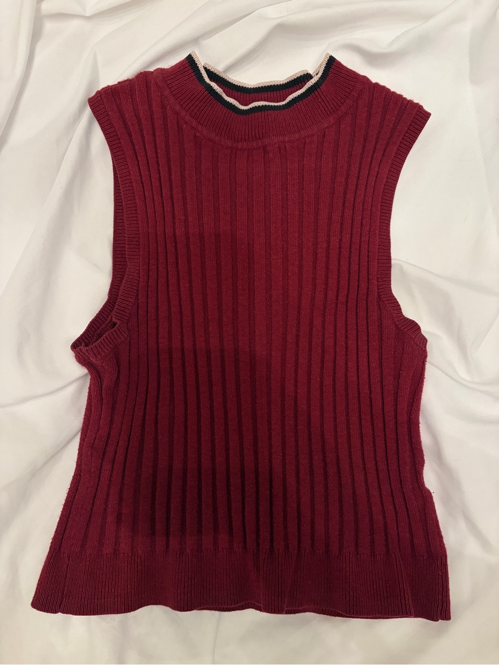 Garage Burgundy Ribbed Sweater Vest Striped Collar Sz M